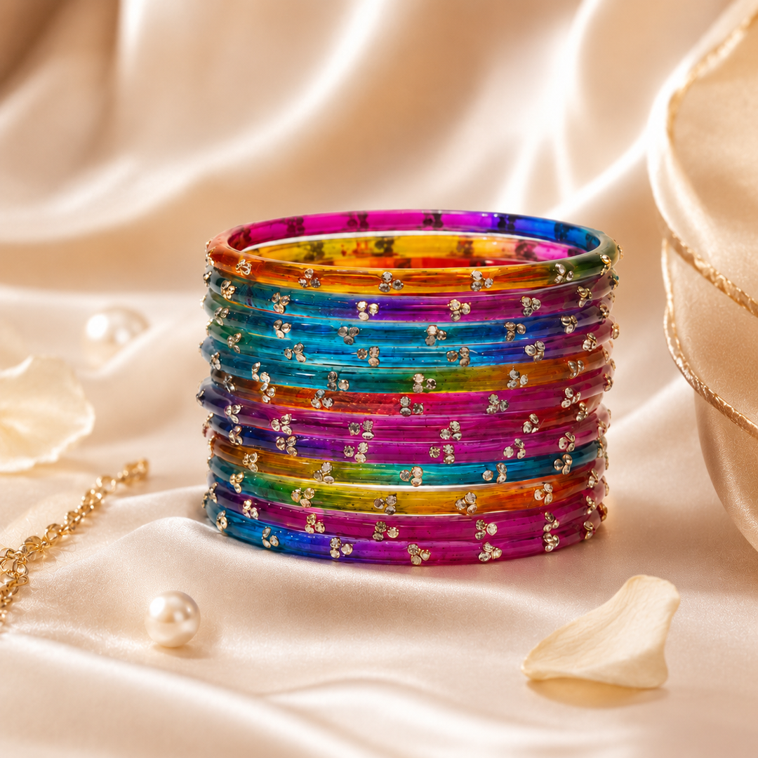 Glass Bangles Set of 12 with Rhinestones