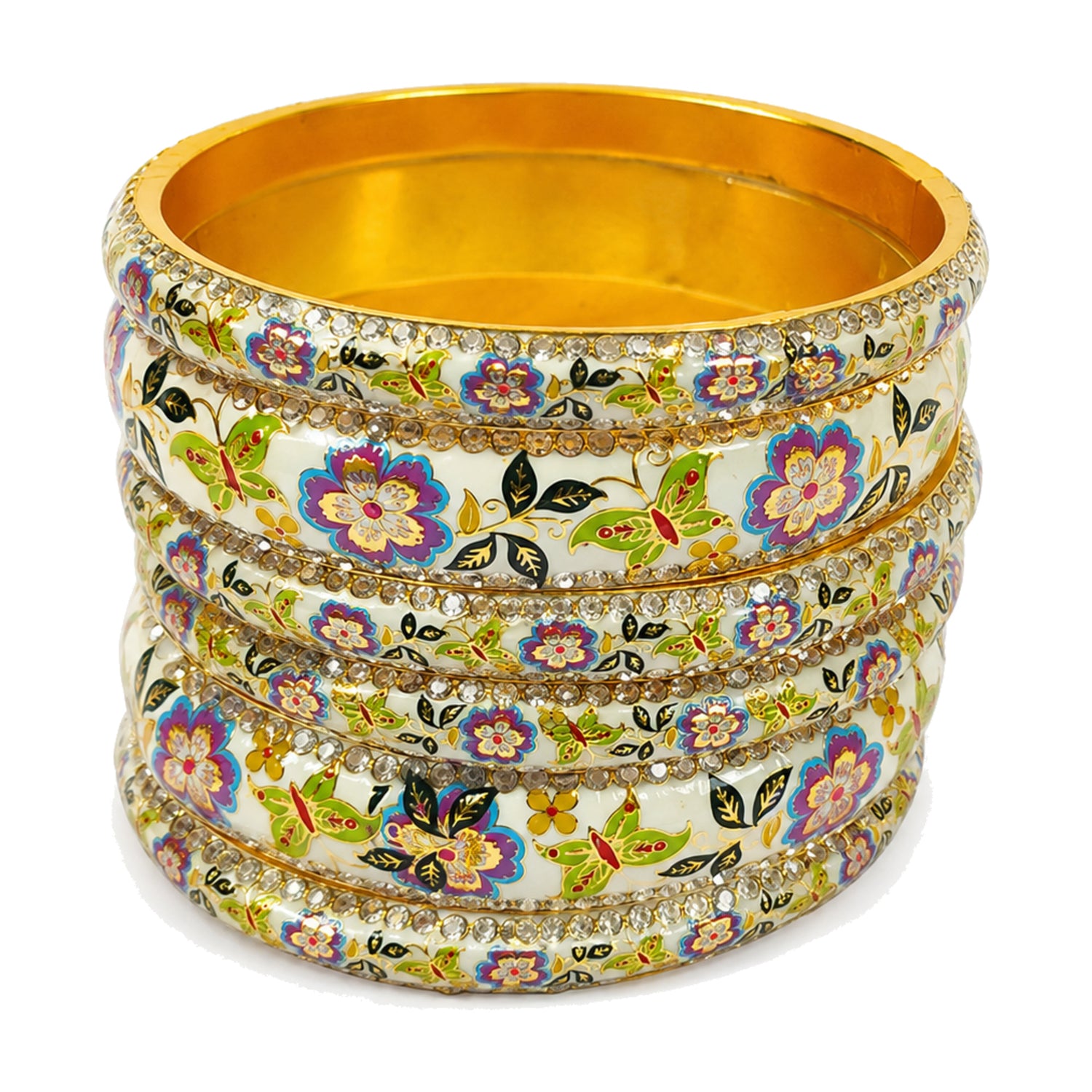 Titli Design Rajasthani Brass Meenakari Bangle Set – White Enamel with Crystal Stones | Set of 6