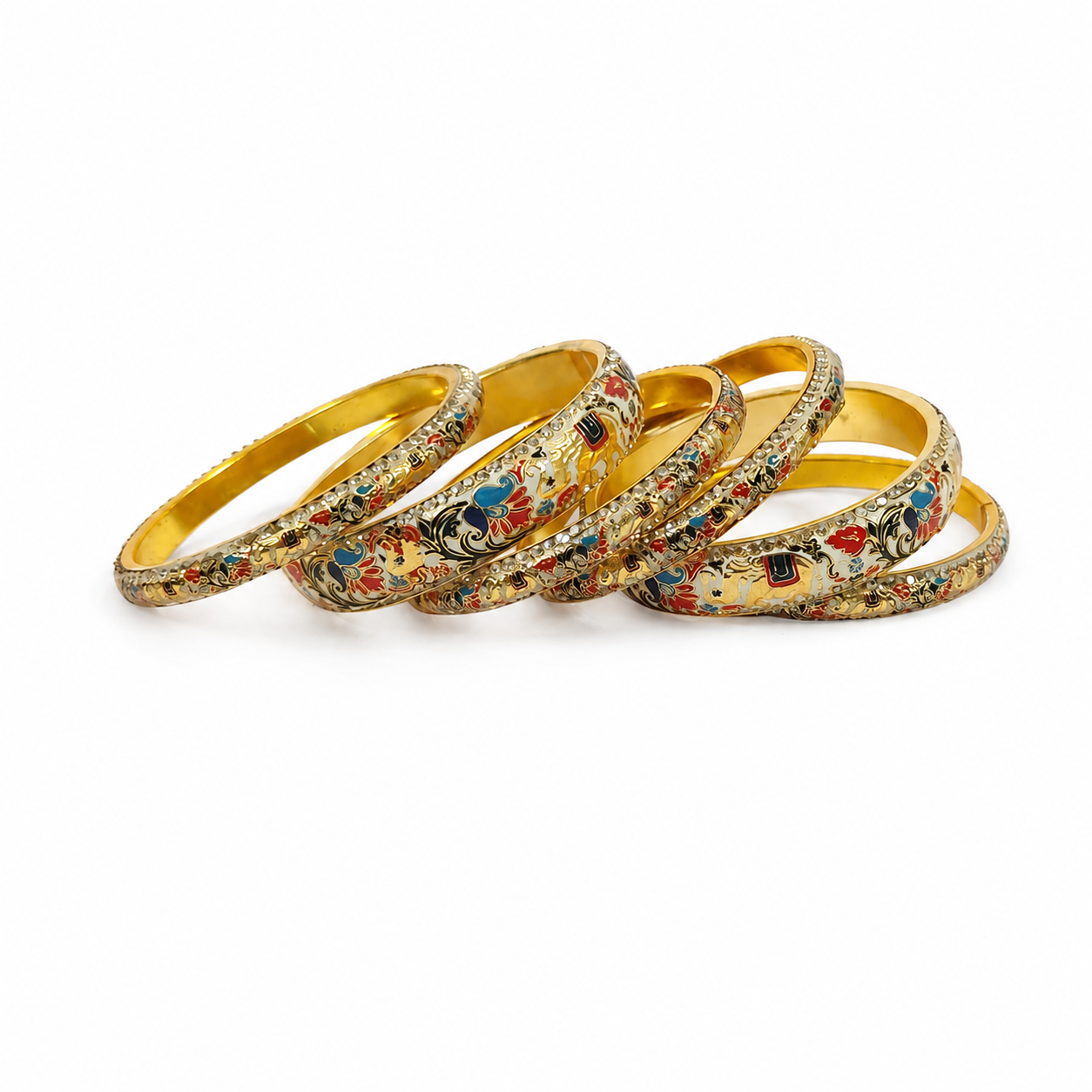 Elephant Design Rajasthani Brass Meenakari Bangle Set – White Enamel with Crystal Stones | Set of 6