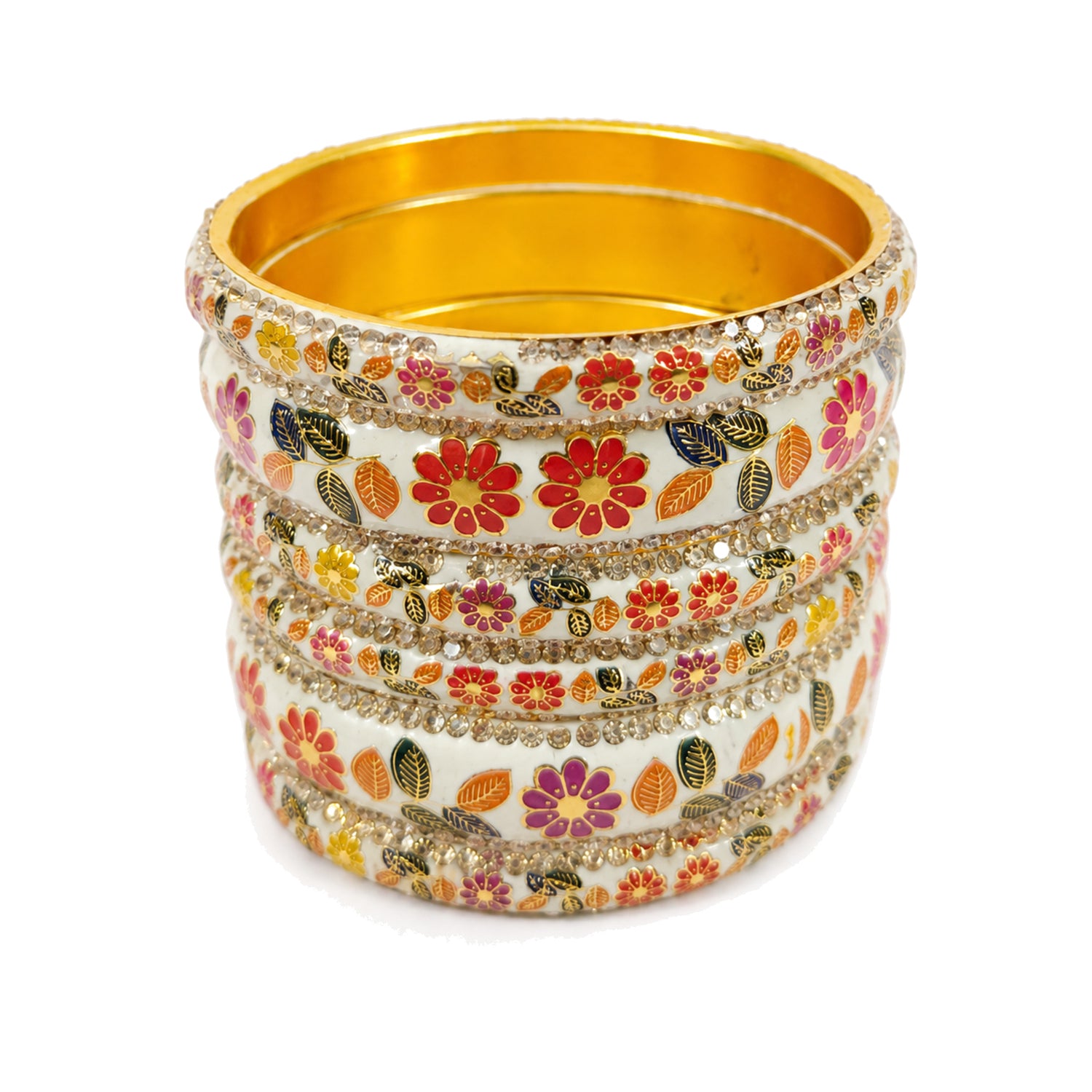 Phool Patti Design Rajasthani Brass Meenakari Bangle Set – White Enamel with Crystal Stones | Set of 6