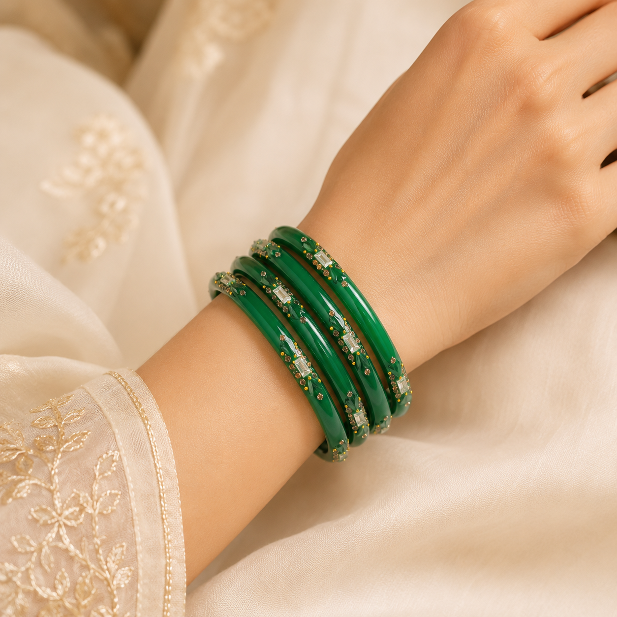 Sawan Shringar Emerald Green Glass Kada Bangles for Women & Girls | Stone Work Traditional Indian Chooda Set