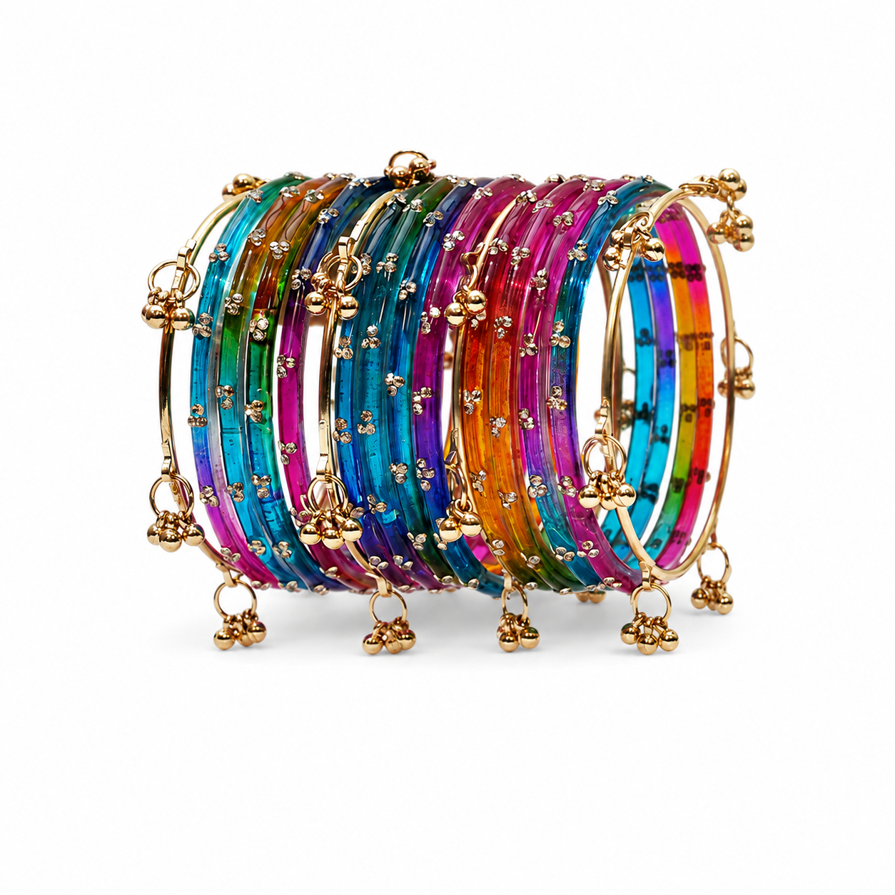 Traditional Glass Stone Bangle Set with Ghungroo for Women