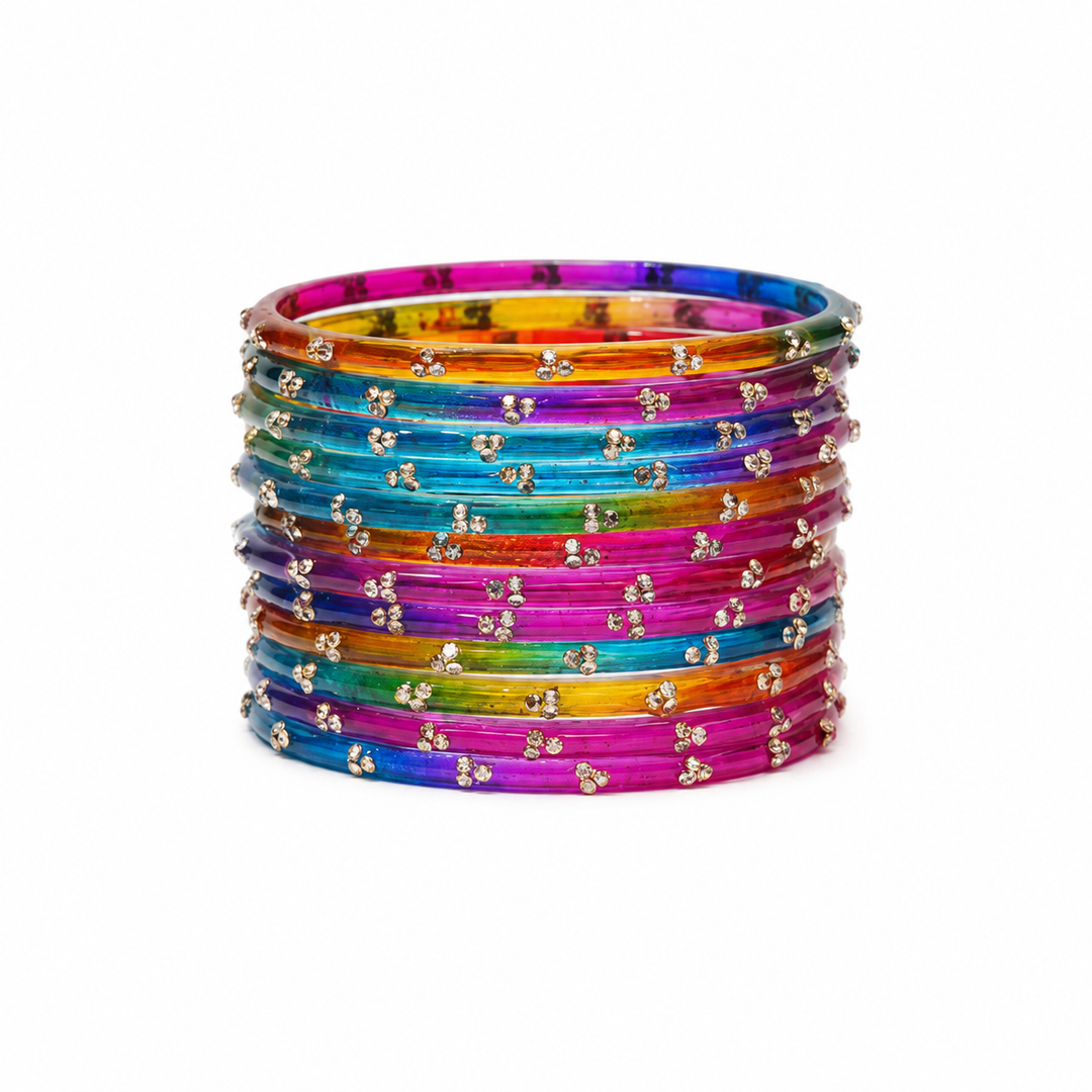 Glass Bangles Set of 12 with Rhinestones
