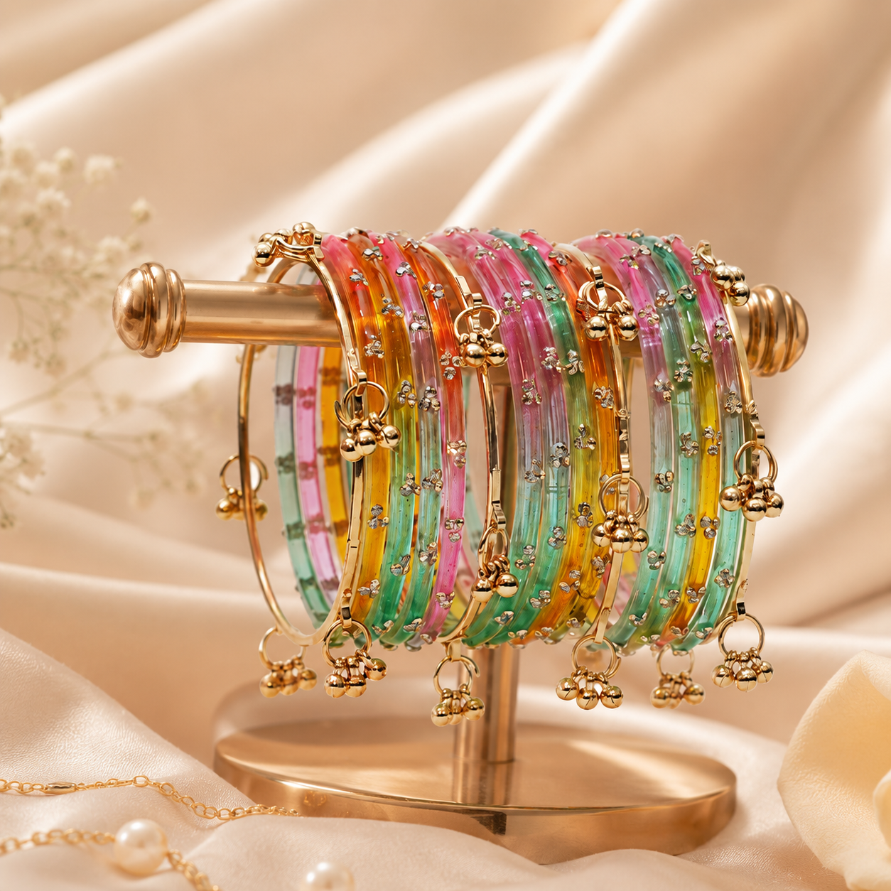 Traditional Glass Stone Bangle Set with Ghungroo for Women