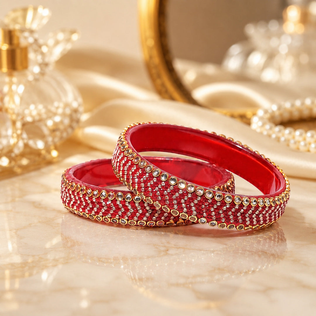 Glass Zircon Kada – Red Crystal Bracelet Bangle (Pair)