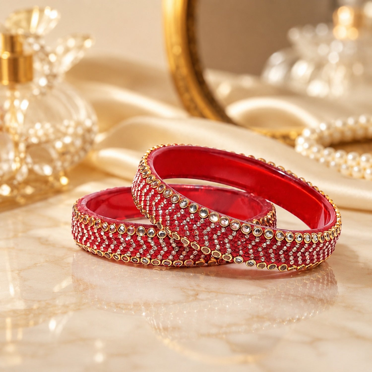 Glass Zircon Kada – Red Crystal Bracelet Bangle (Pair)