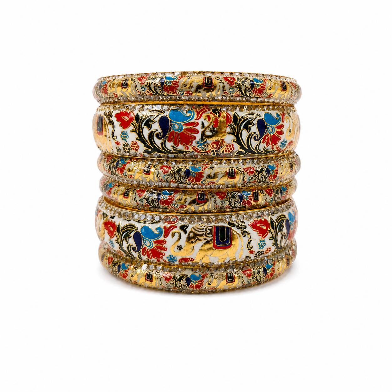 Elephant Design Rajasthani Brass Meenakari Bangle Set – White Enamel with Crystal Stones | Set of 6