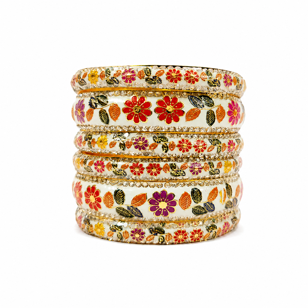 Phool Patti Design Rajasthani Brass Meenakari Bangle Set – White Enamel with Crystal Stones | Set of 6