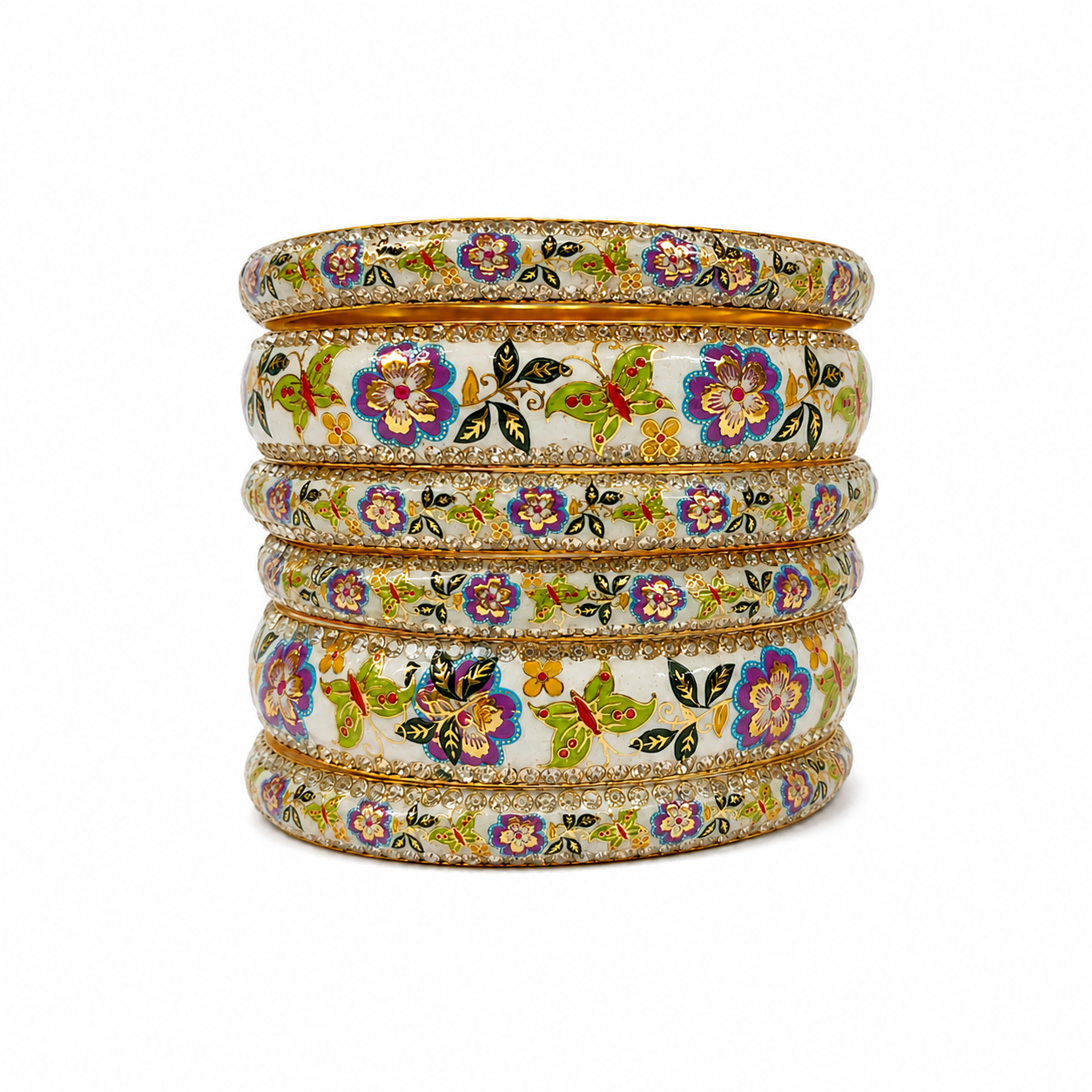 Titli Design Rajasthani Brass Meenakari Bangle Set – White Enamel with Crystal Stones | Set of 6